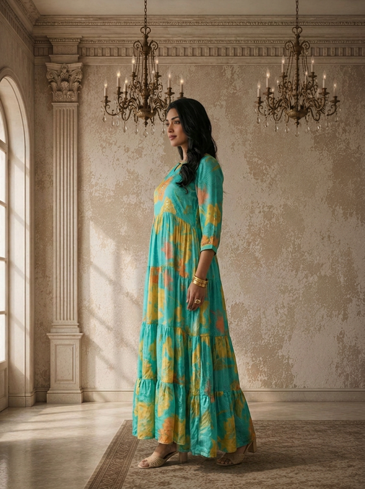 Ferozi Muslin Watercolor Floral Printed Dress