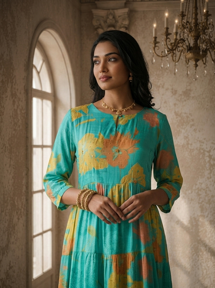 Ferozi Muslin Watercolor Floral Printed Dress
