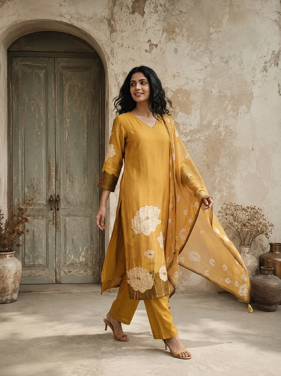 Mustard Silk Abstract Floral Printed Three Piece Set