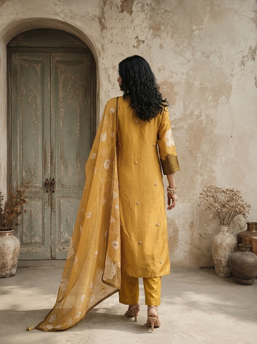 Mustard Silk Abstract Floral Printed Three Piece Set