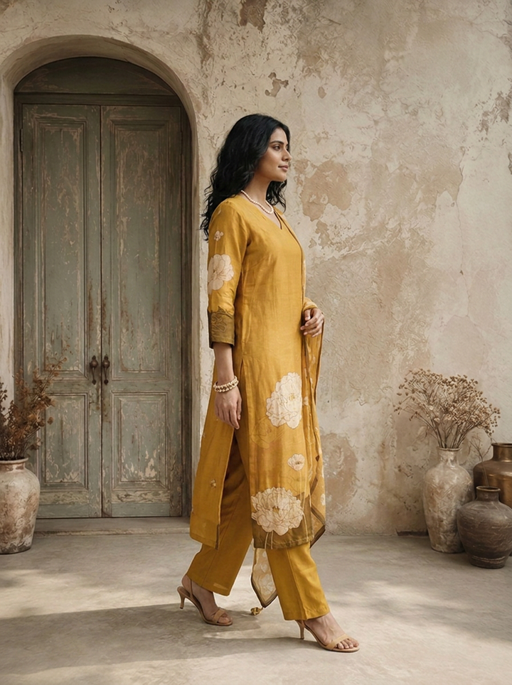 Mustard Silk Abstract Floral Printed Three Piece Set