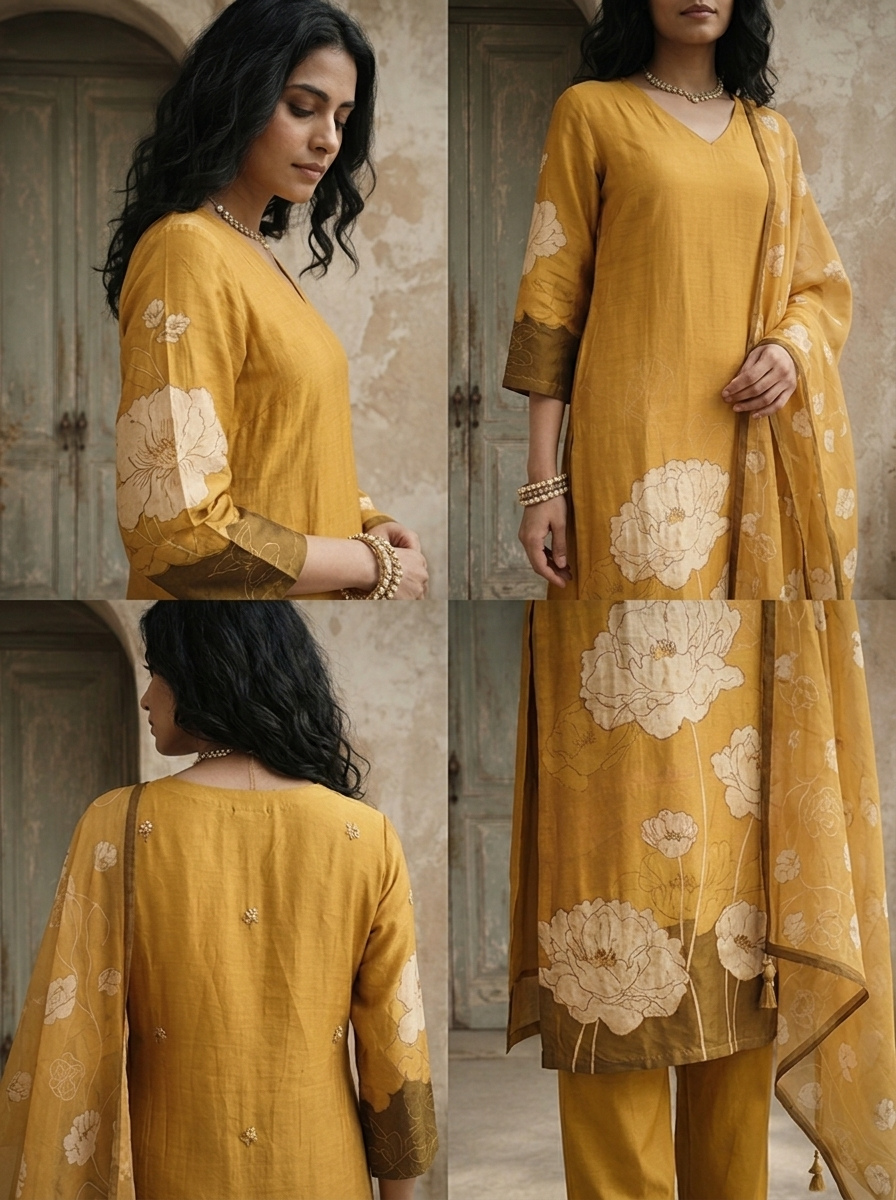 Mustard Silk Abstract Floral Printed Three Piece Set