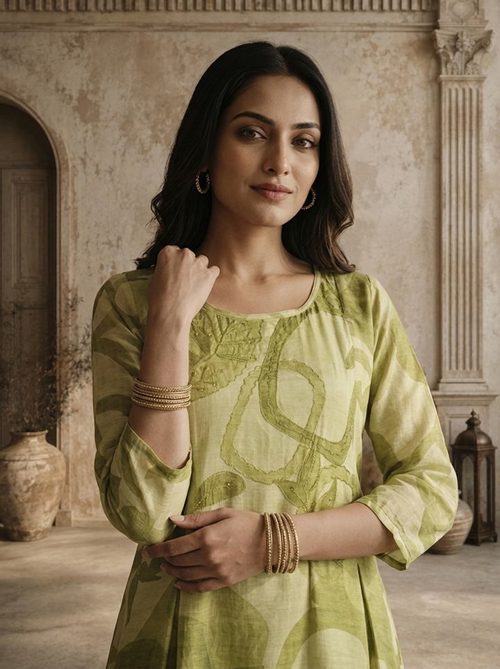 Pista Muslin Abstract Botanical And Geometric Printed Kurta