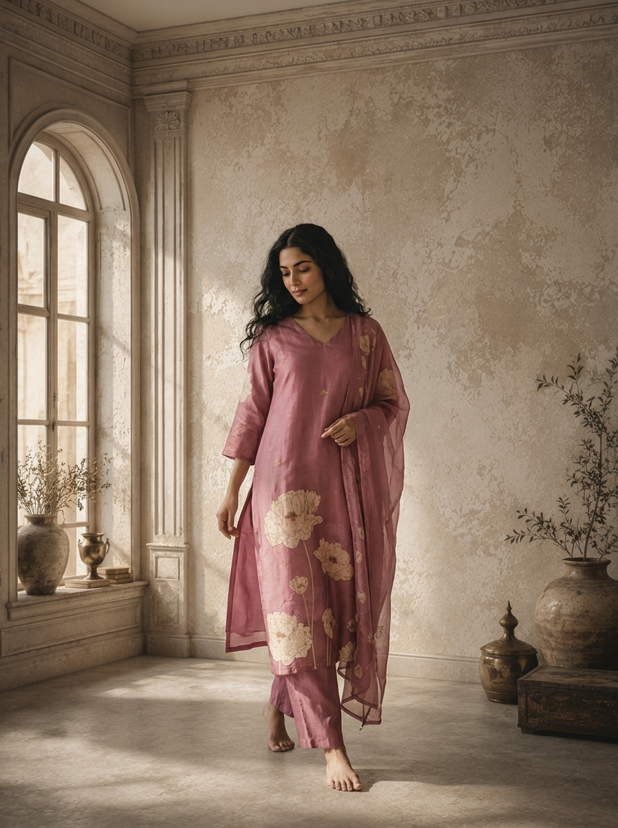 Onion Silk Abstract Floral Printed Three Piece Set