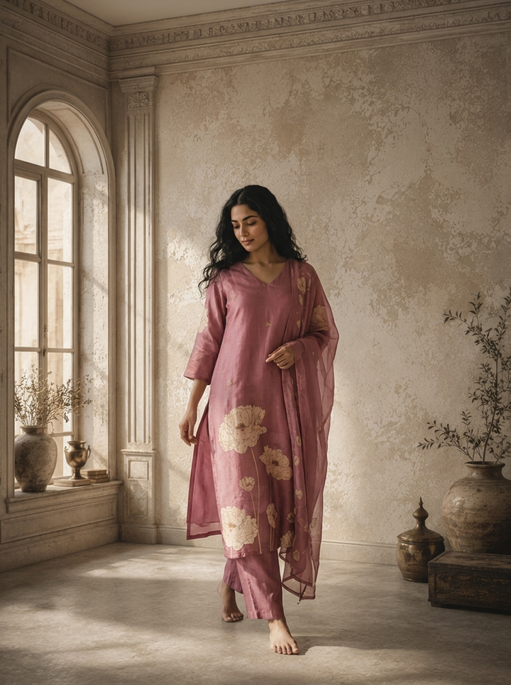 Onion Silk Abstract Floral Printed Three Piece Set
