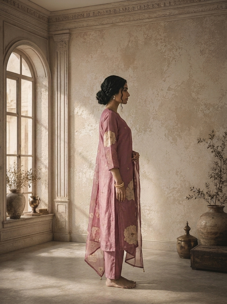 Onion Silk Abstract Floral Printed Three Piece Set