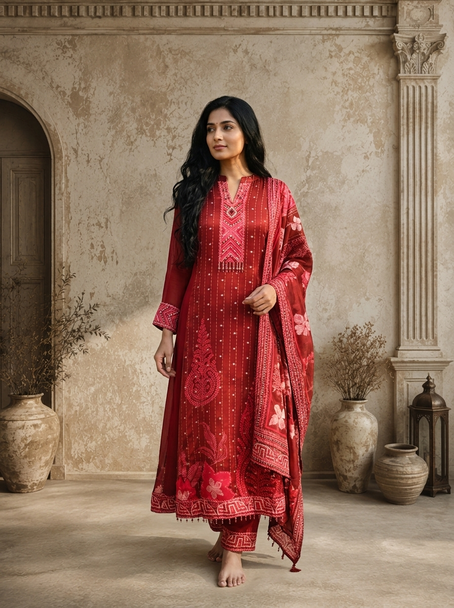 Maroon Georgette Geometric Printed Three Piece Set