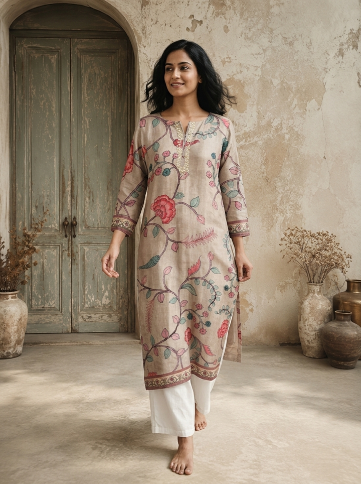 Beige Silk Botanical Vine Printed Kurta