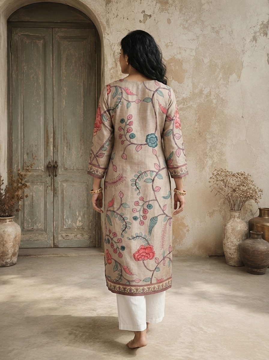 Beige Silk Botanical Vine Printed Kurta