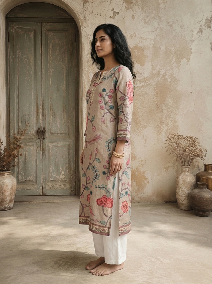 Beige Silk Botanical Vine Printed Kurta