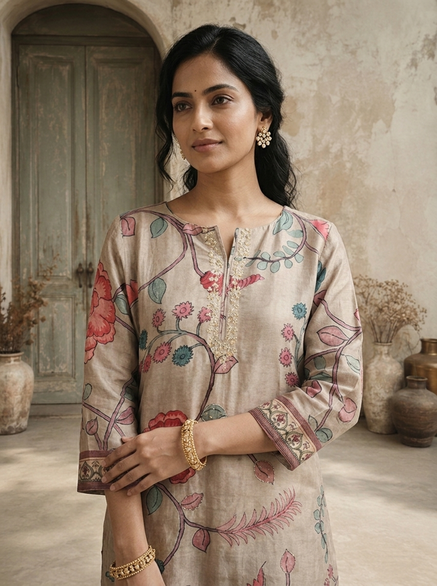 Beige Silk Botanical Vine Printed Kurta