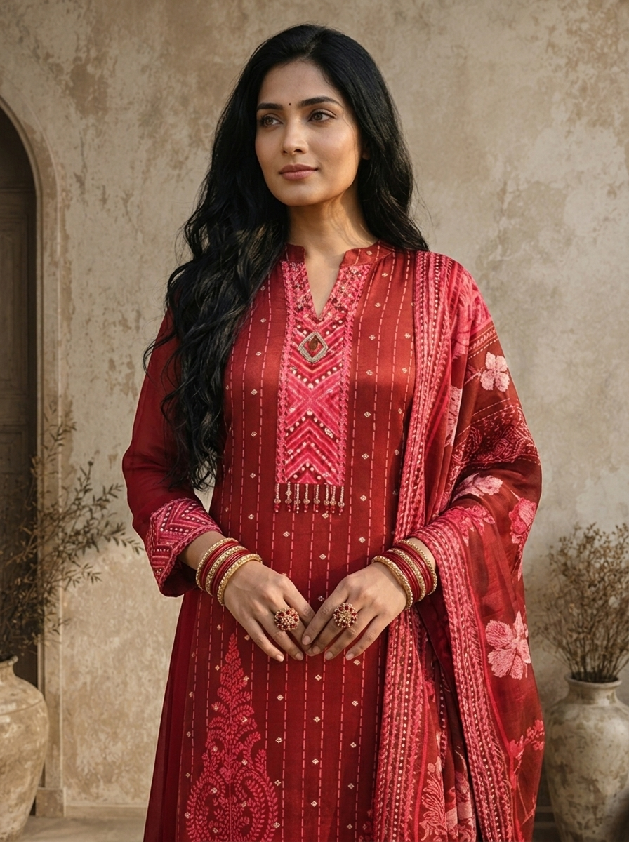 Maroon Georgette Geometric Printed Three Piece Set