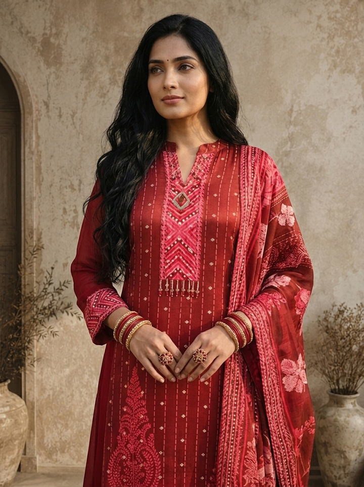 Maroon Georgette Geometric Printed Three Piece Set