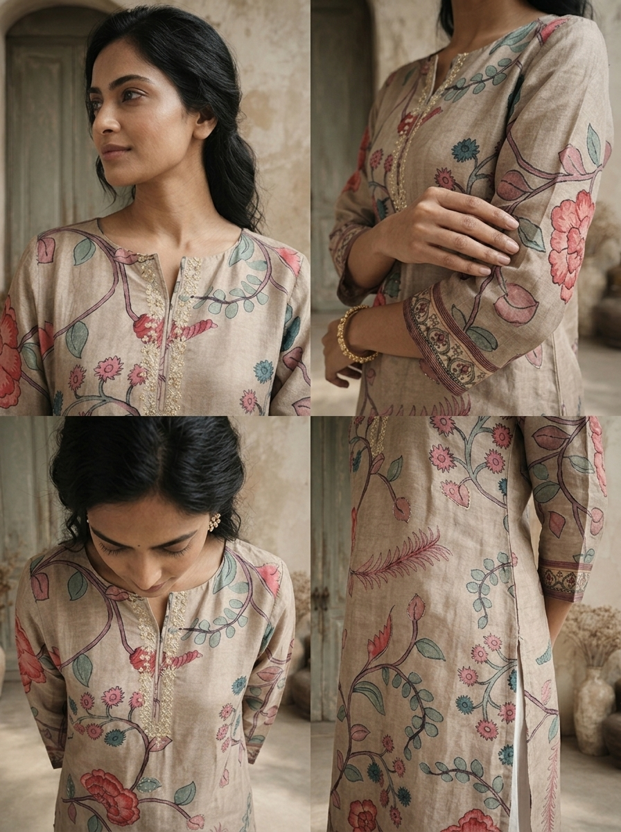 Beige Silk Botanical Vine Printed Kurta