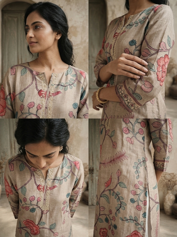 Beige Silk Botanical Vine Printed Kurta
