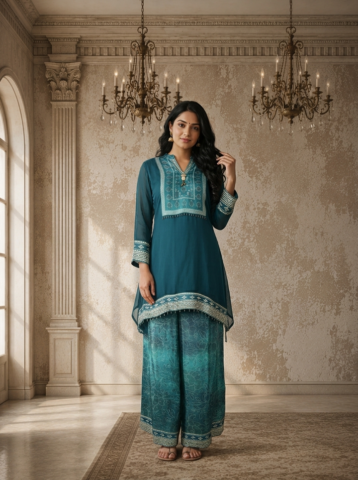 Rama Green Georgette Solid With Geometric Printed Two Piece Set