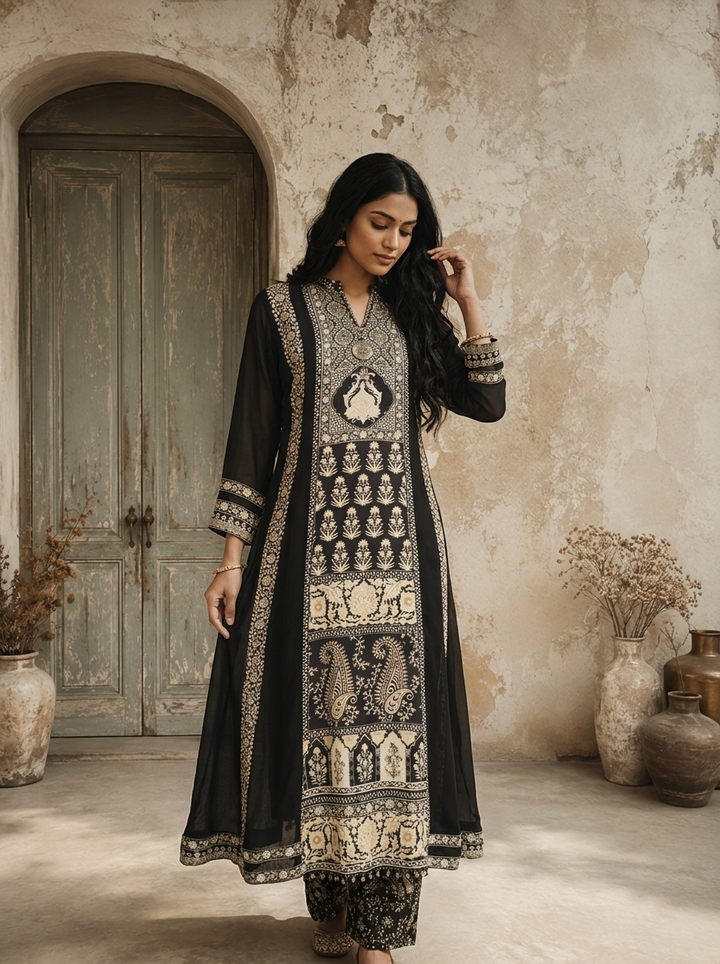 Black Georgette Paisley Printed Three Piece Set