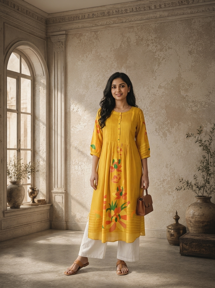 Mustard Silk Large Abstract Floral Panel Printed Kurta