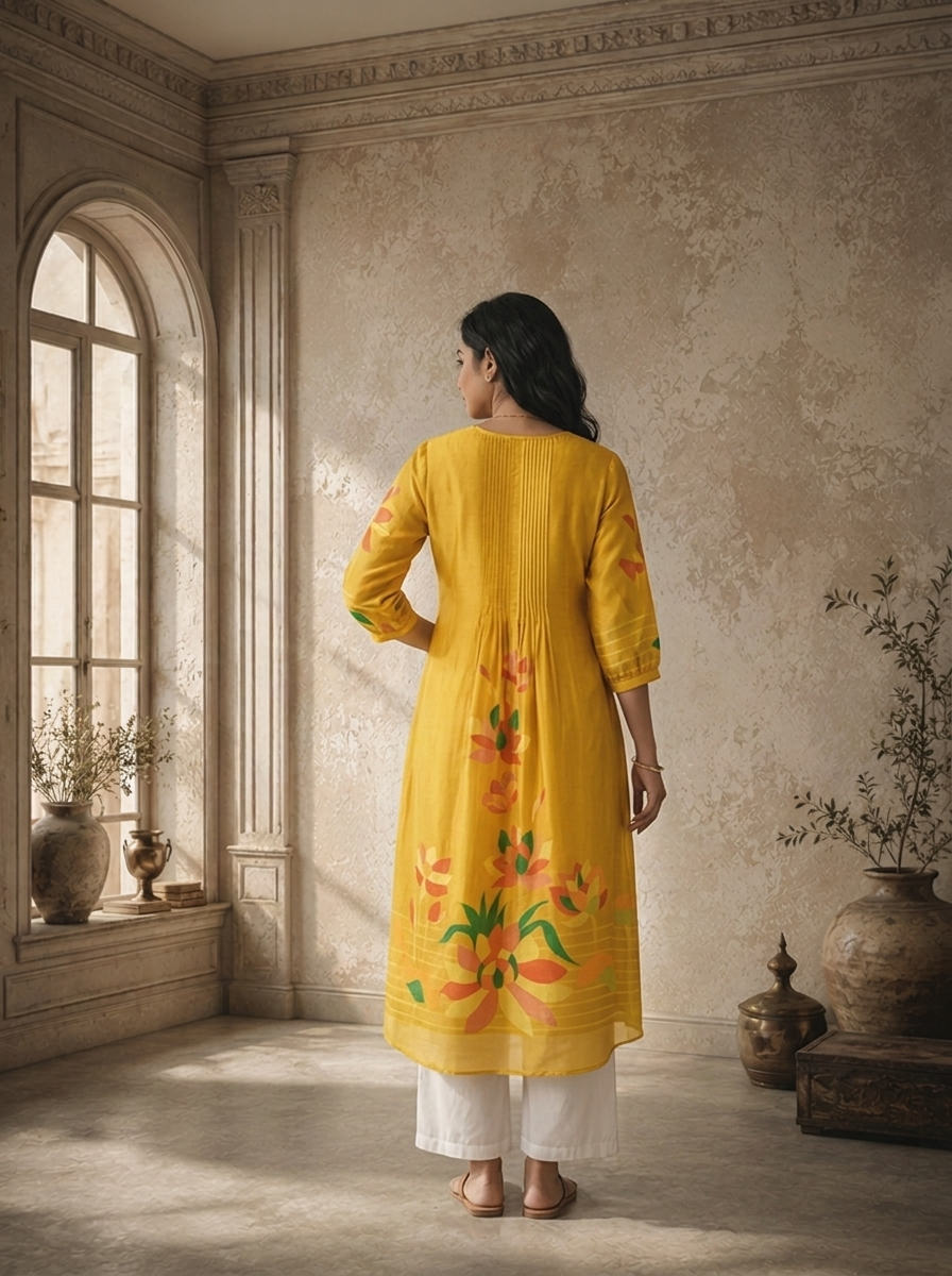 Mustard Silk Large Abstract Floral Panel Printed Kurta