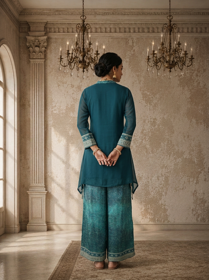 Rama Green Georgette Solid With Geometric Printed Two Piece Set