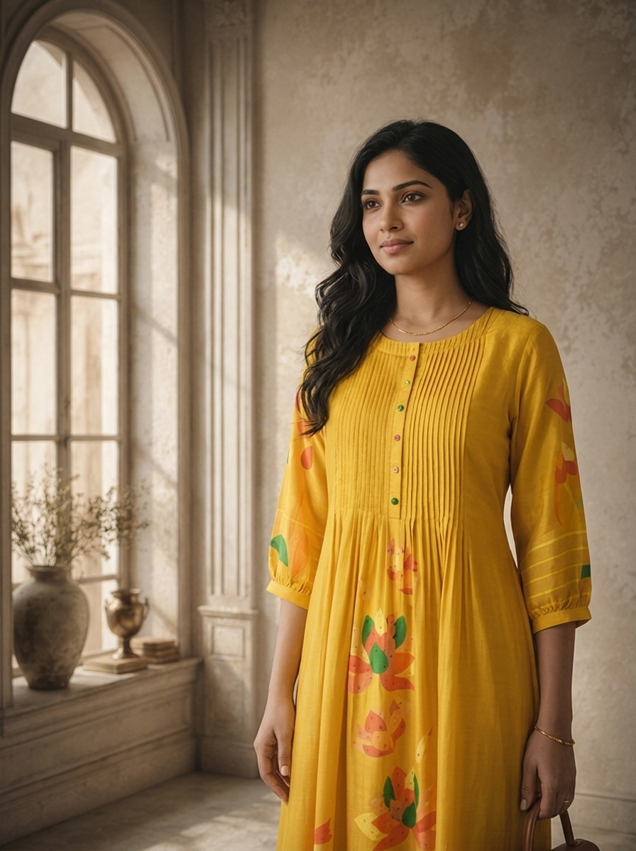 Mustard Silk Large Abstract Floral Panel Printed Kurta