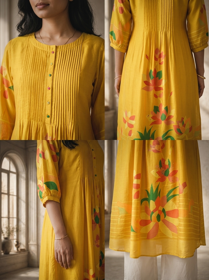 Mustard Silk Large Abstract Floral Panel Printed Kurta