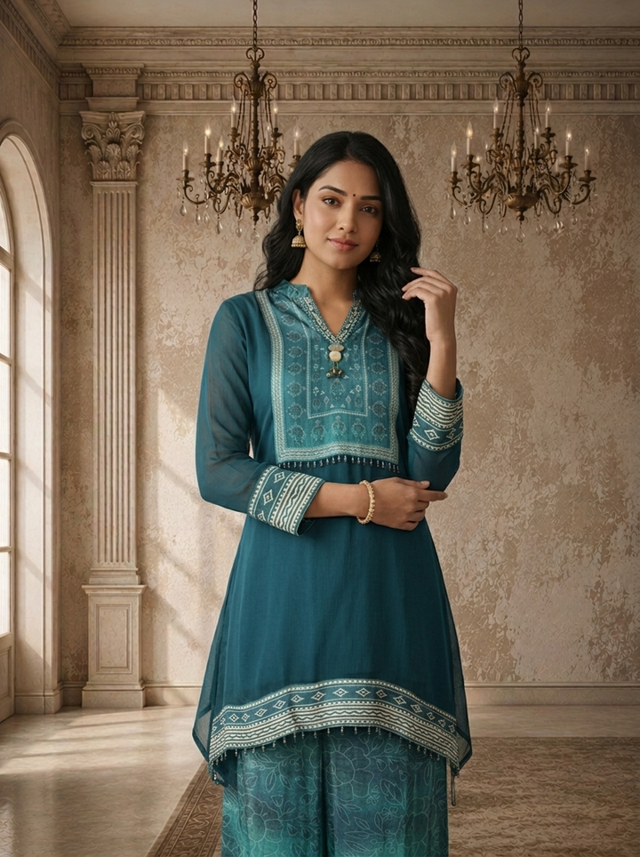 Rama Green Georgette Solid With Geometric Printed Two Piece Set