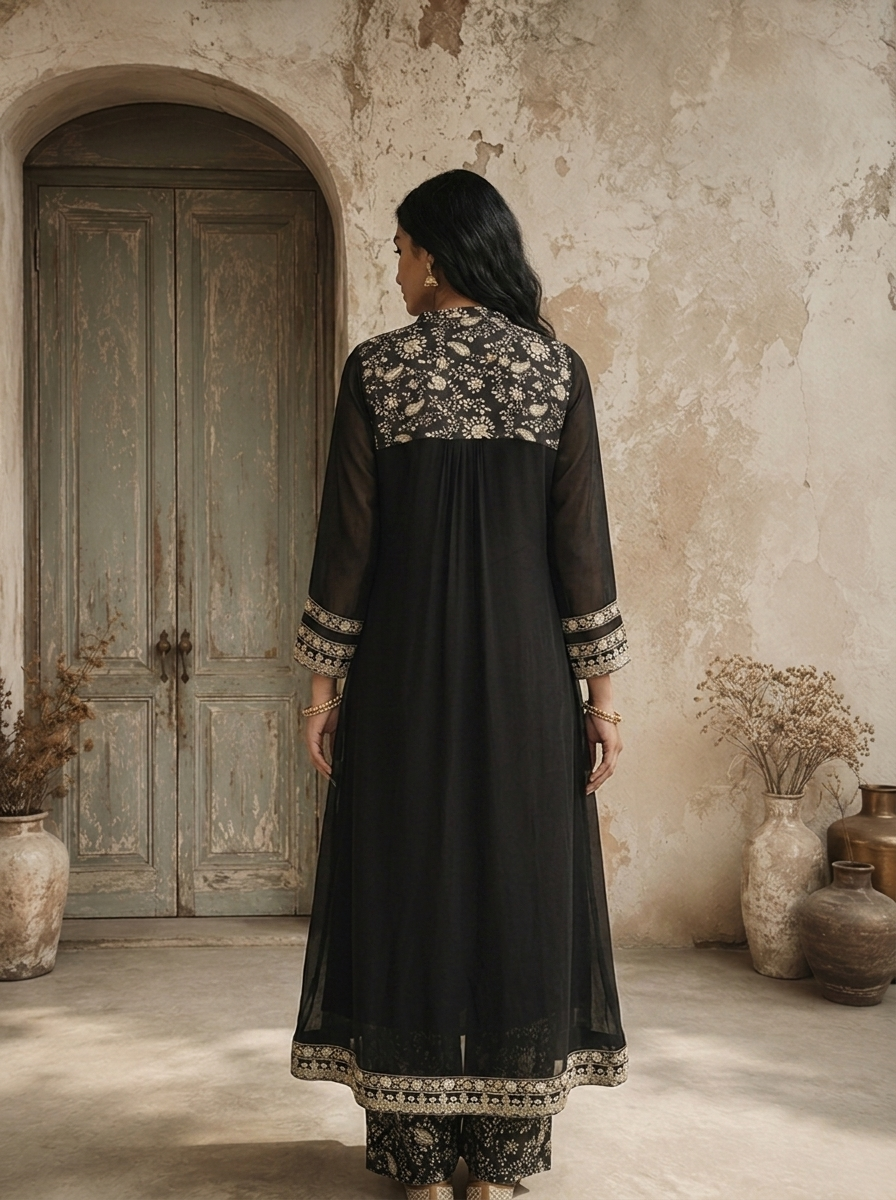 Black Georgette Paisley Printed Three Piece Set