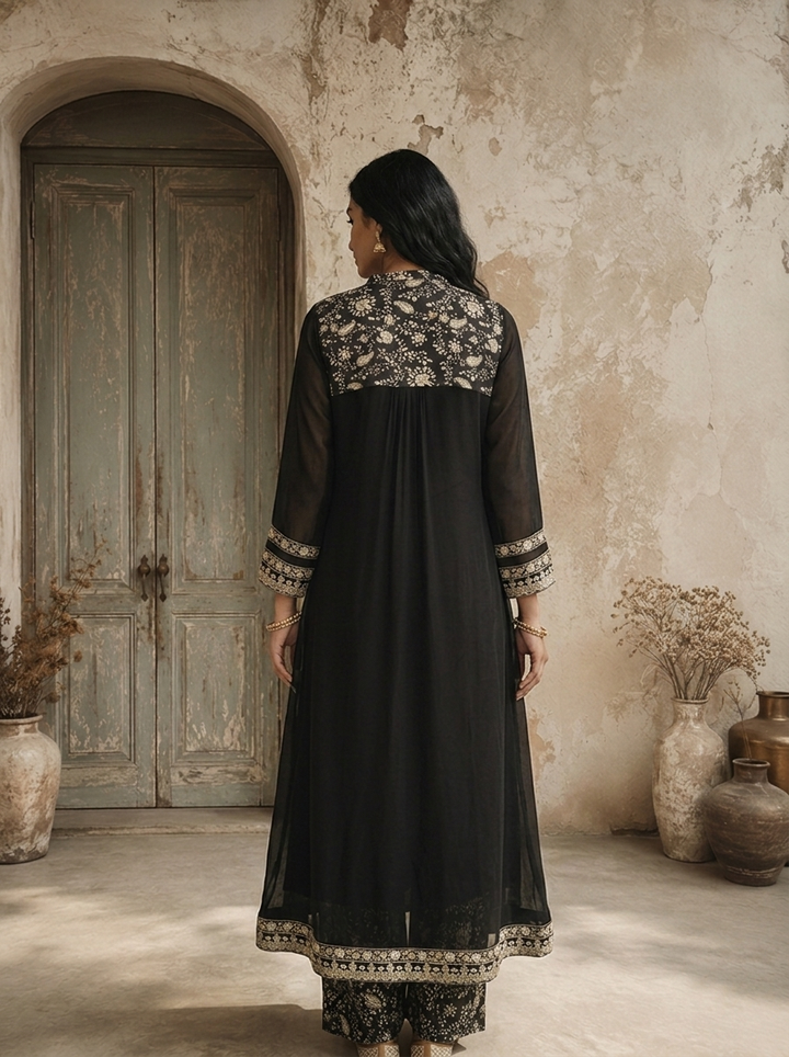 Black Georgette Paisley Printed Three Piece Set