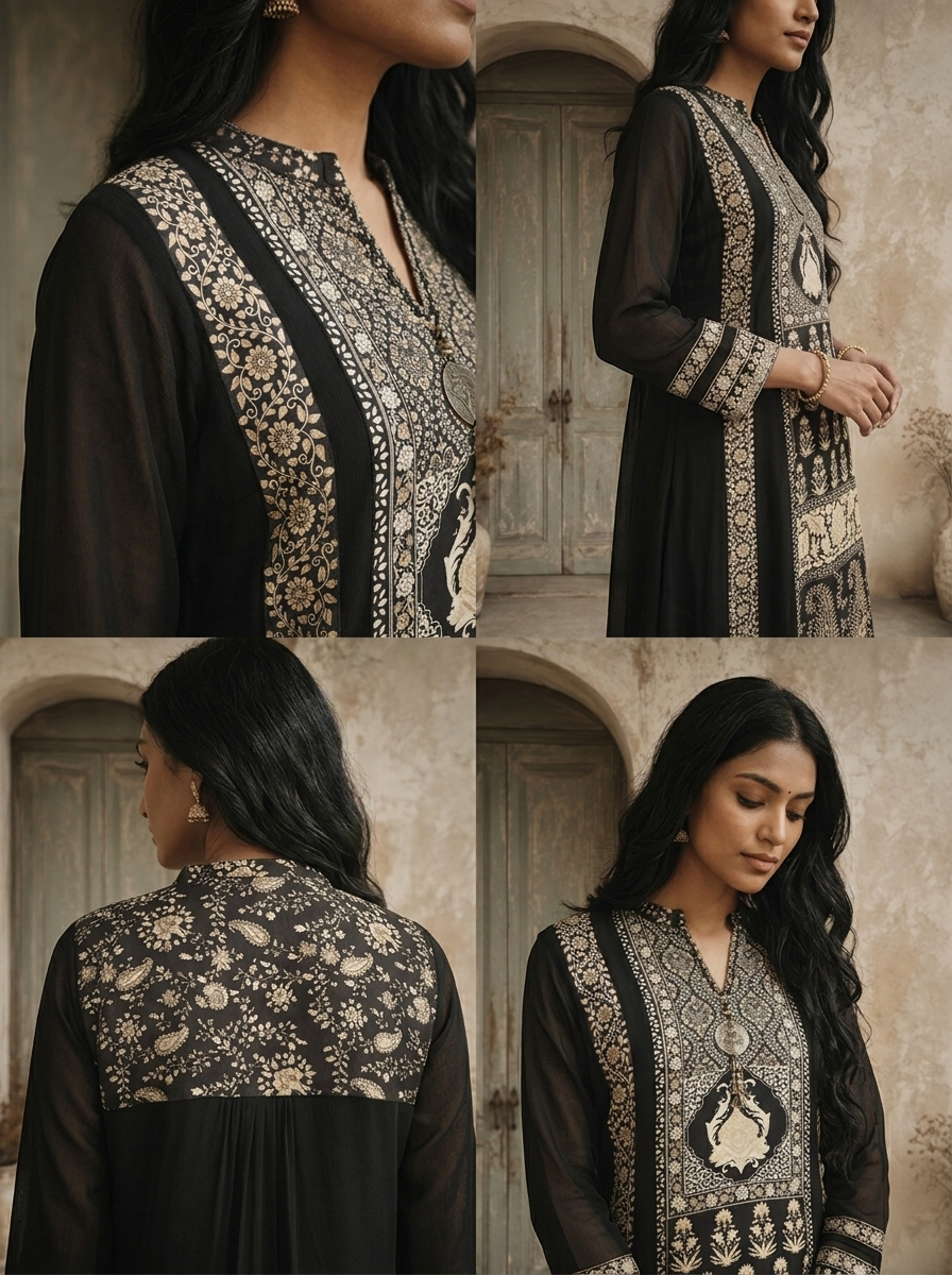 Black Georgette Paisley Printed Three Piece Set