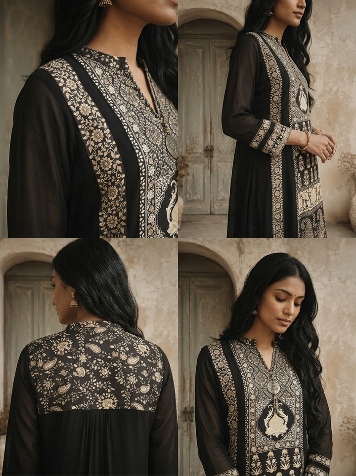Black Georgette Paisley Printed Three Piece Set