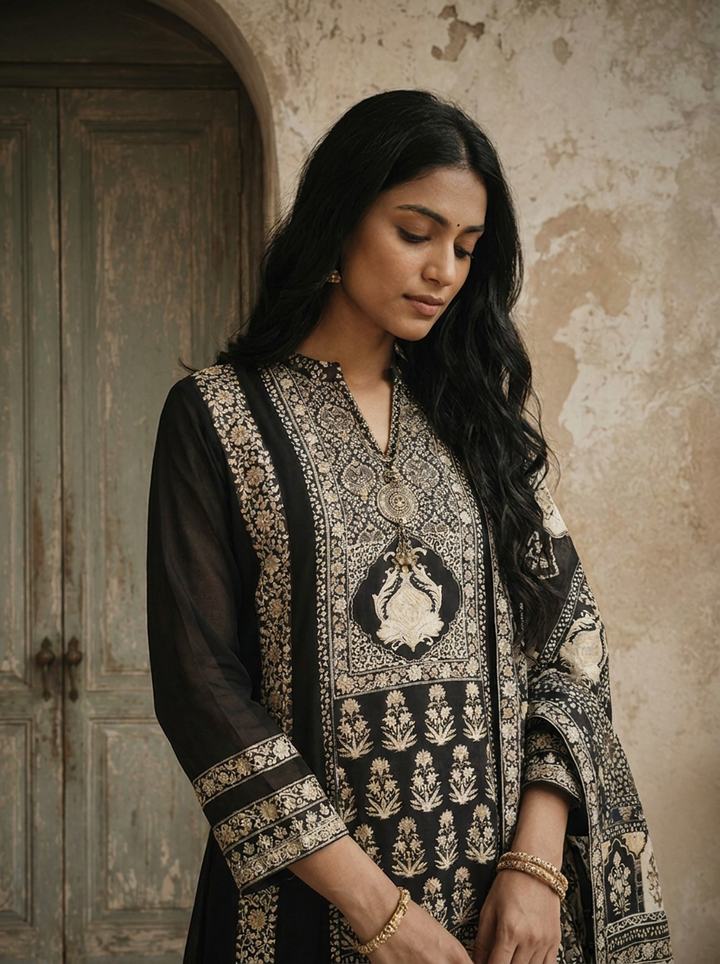 Black Georgette Paisley Printed Three Piece Set