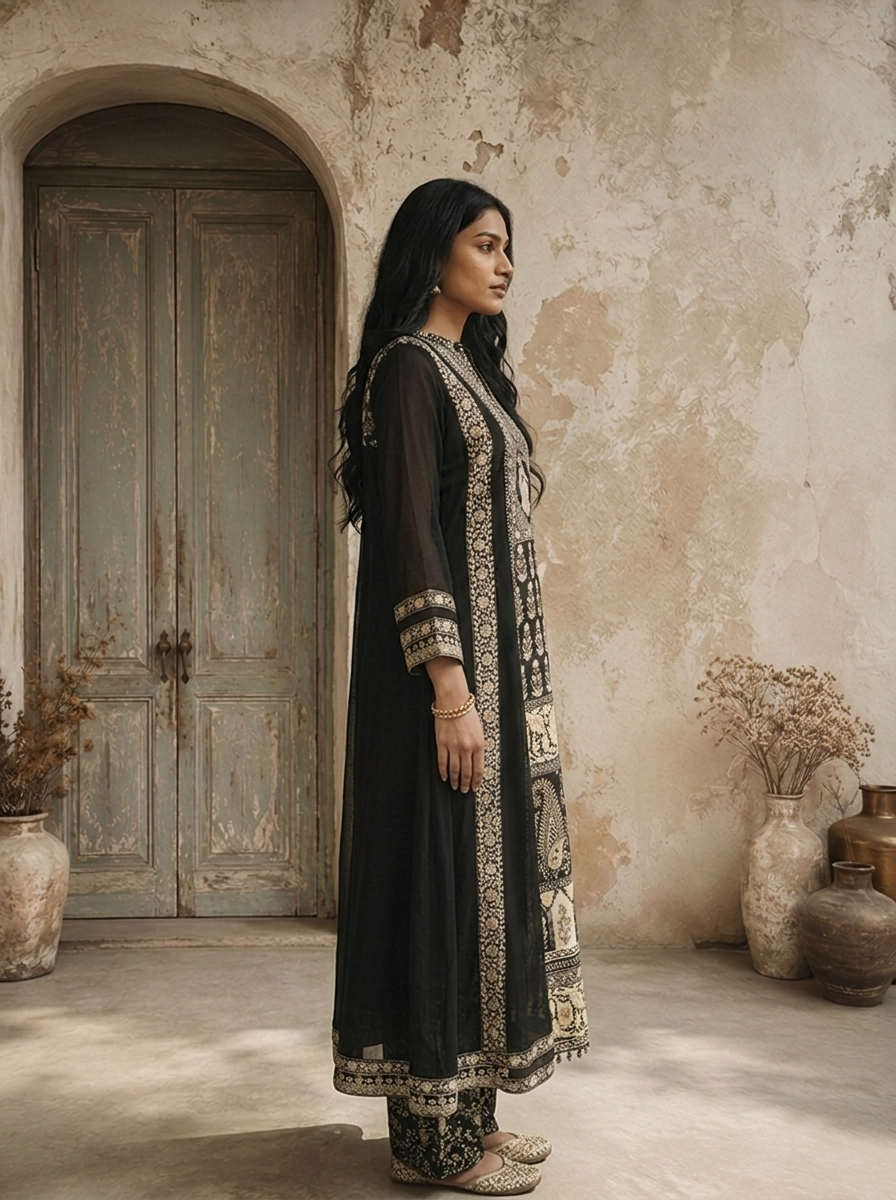 Black Georgette Paisley Printed Three Piece Set