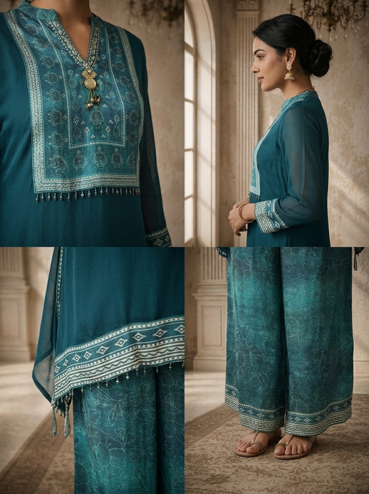 Rama Green Georgette Solid With Geometric Printed Two Piece Set