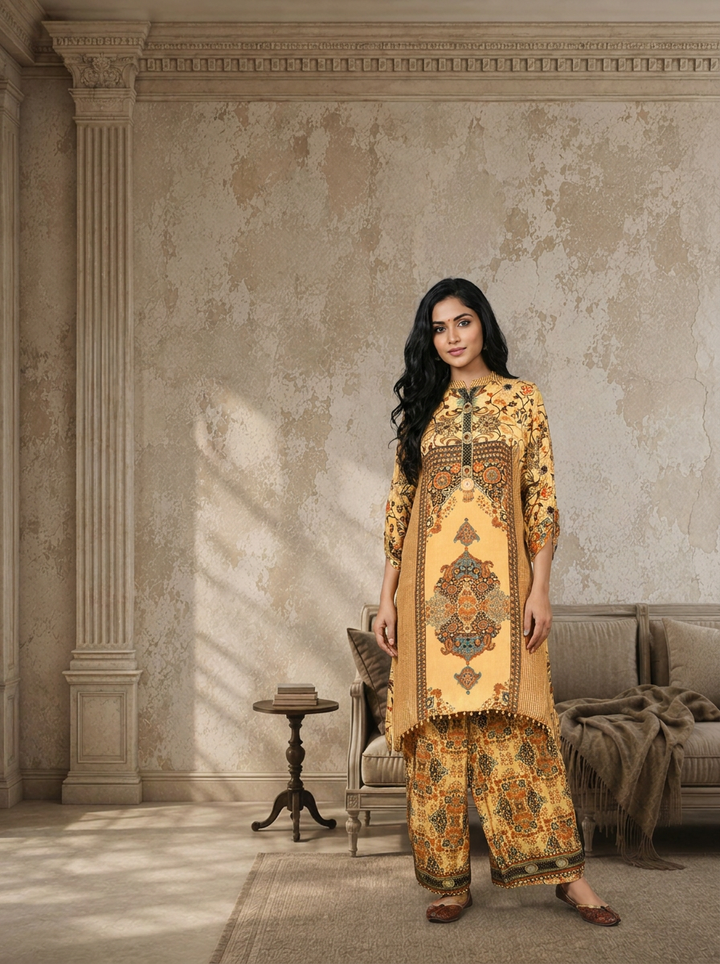 Yellow Crepe Persian Printed Two Piece Set