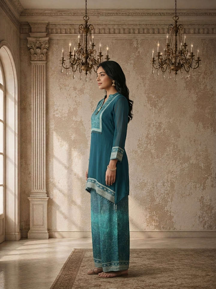 Rama Green Georgette Solid With Geometric Printed Two Piece Set