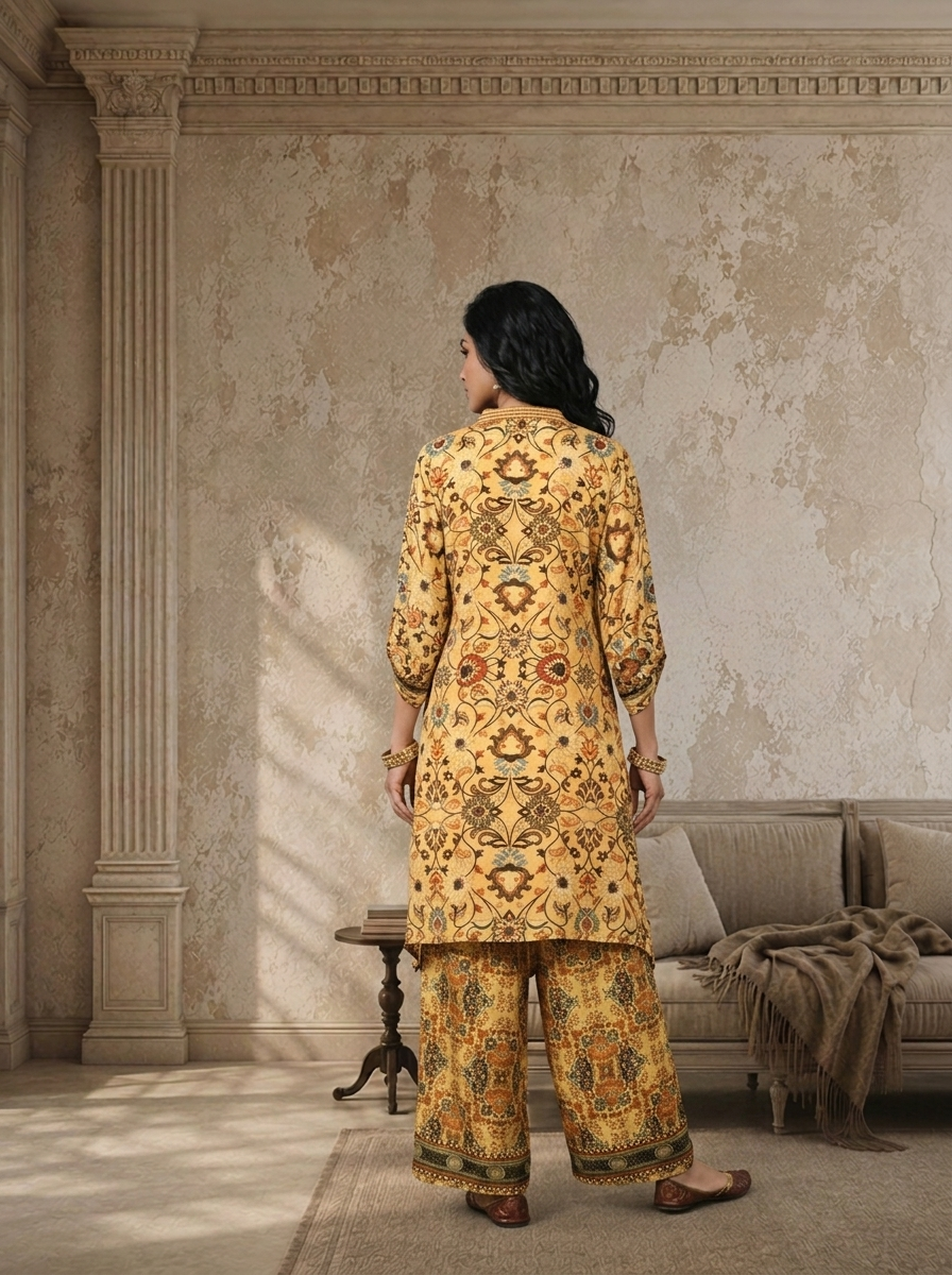 Yellow Crepe Persian Printed Two Piece Set