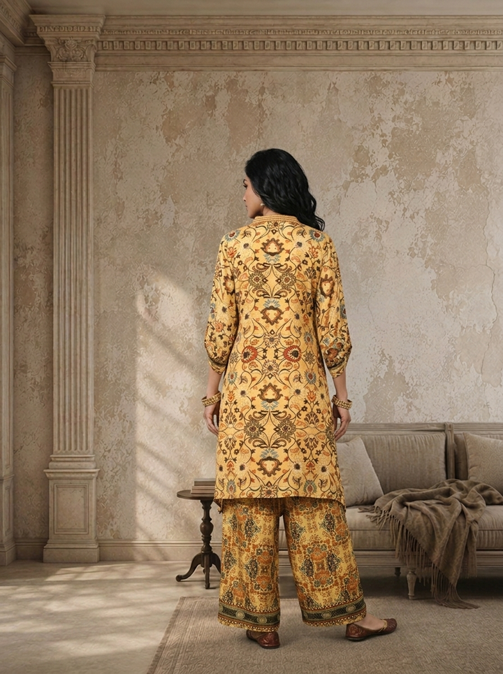 Yellow Crepe Persian Printed Two Piece Set
