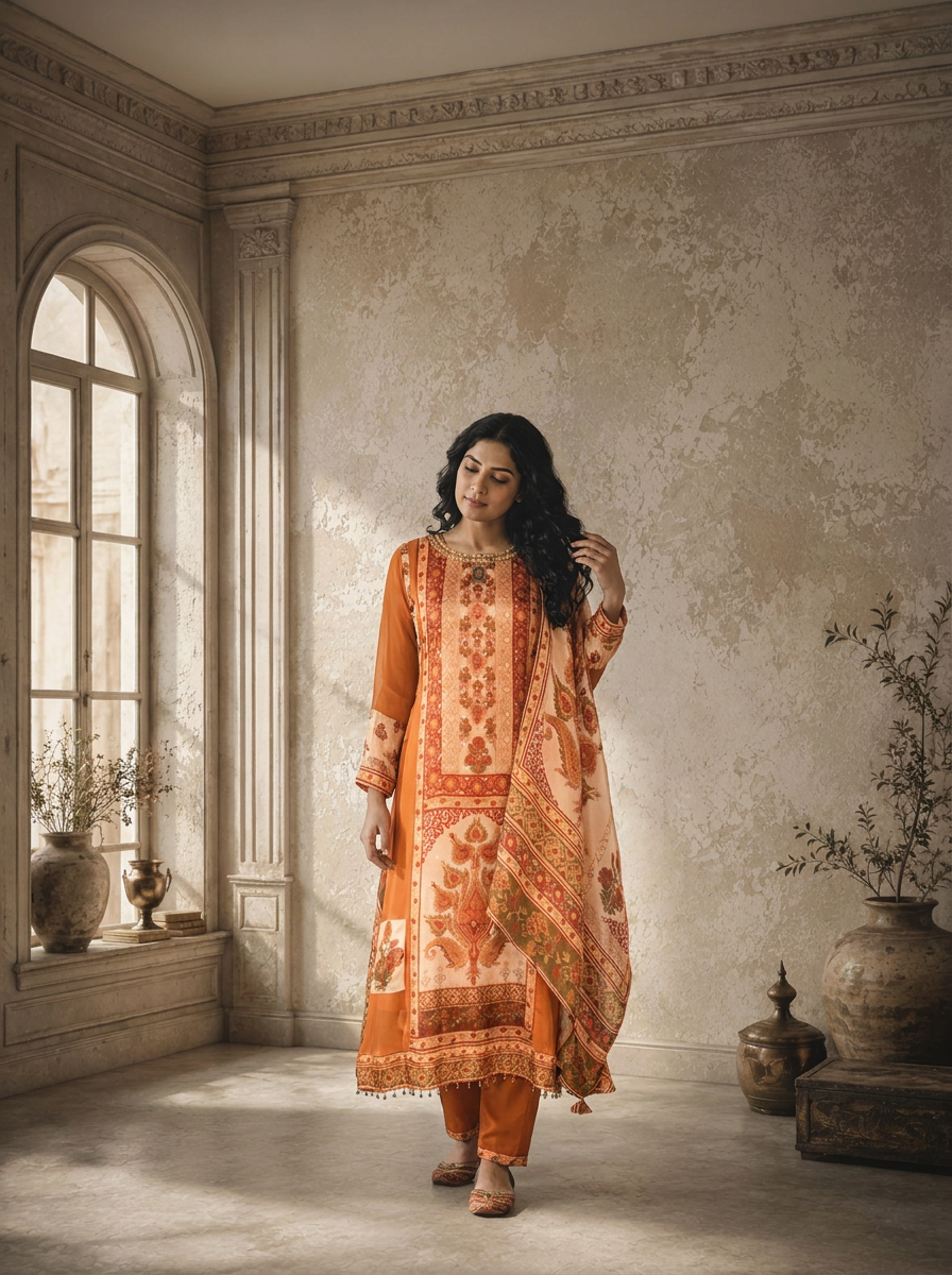 Rust Georgette Patchwork Mughal Printed Three Piece Set