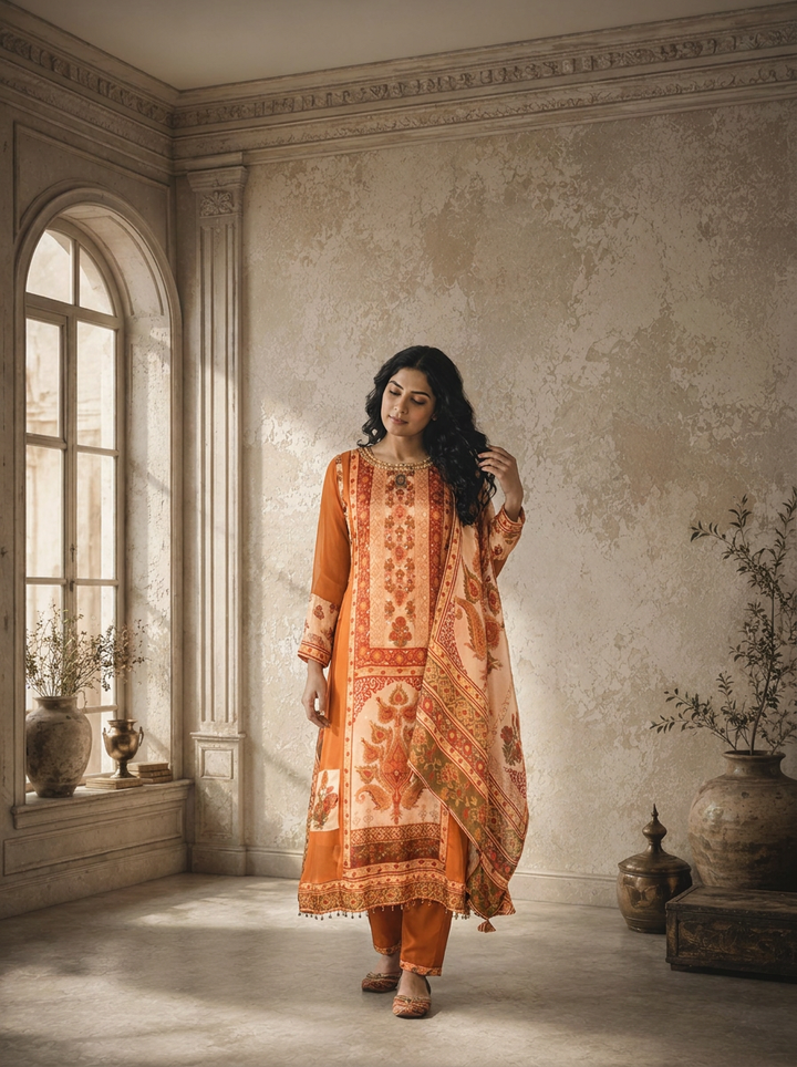 Rust Georgette Patchwork Mughal Printed Three Piece Set