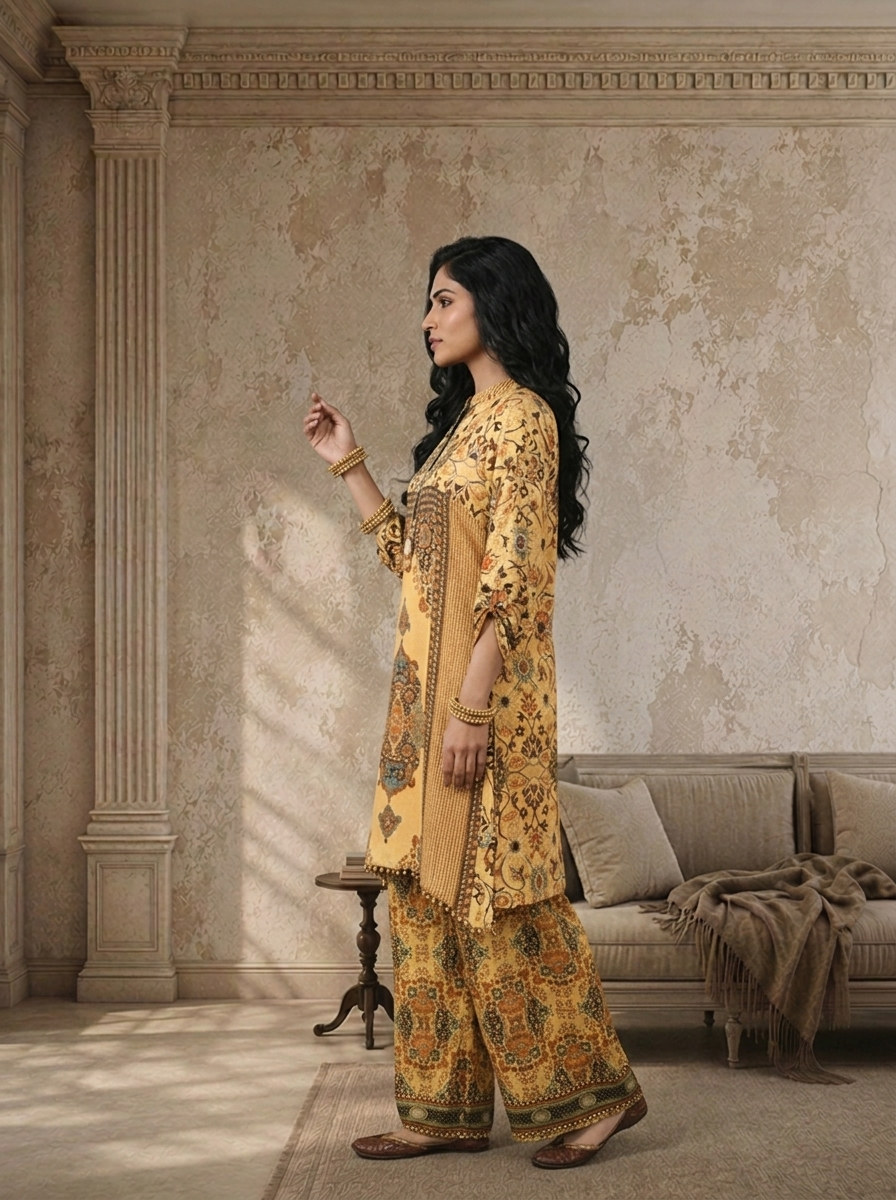 Yellow Crepe Persian Printed Two Piece Set