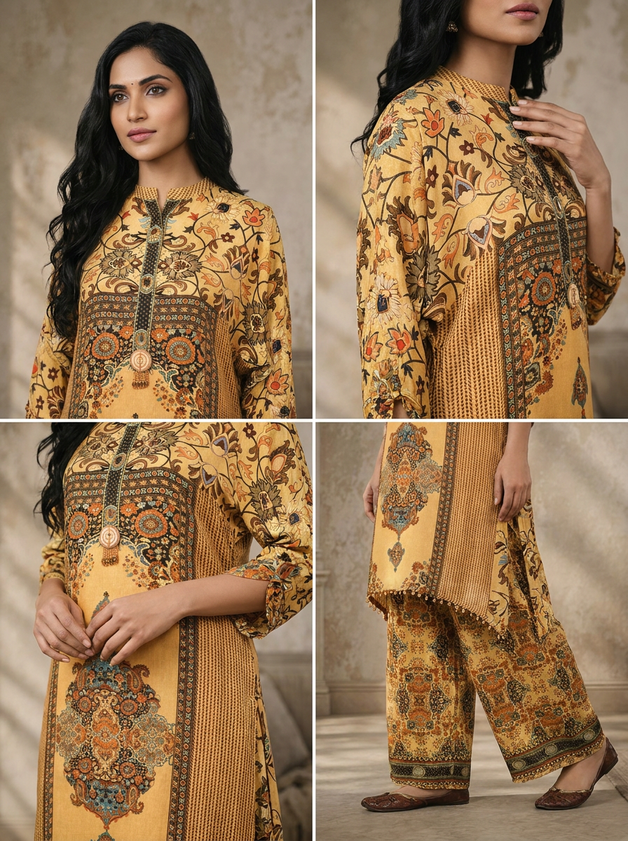 Yellow Crepe Persian Printed Two Piece Set
