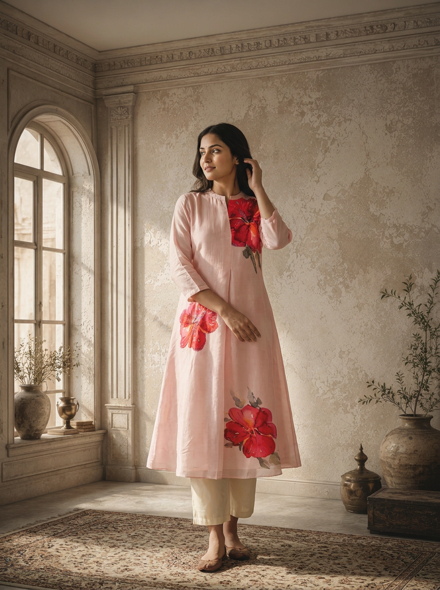 Baby Pink Silk Large Placement Floral Printed Kurta