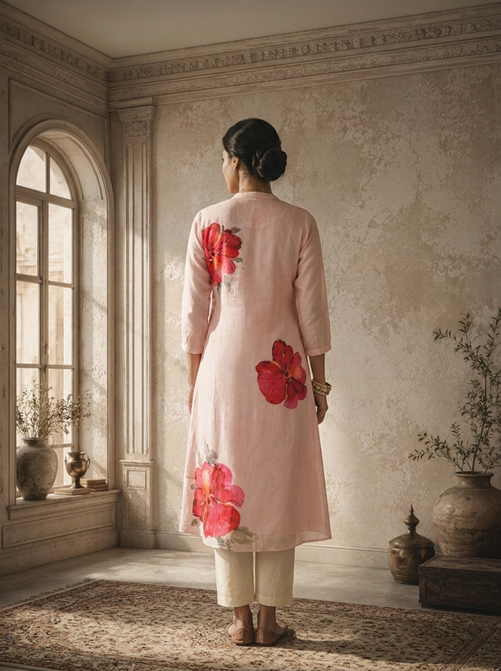 Baby Pink Silk Large Placement Floral Printed Kurta