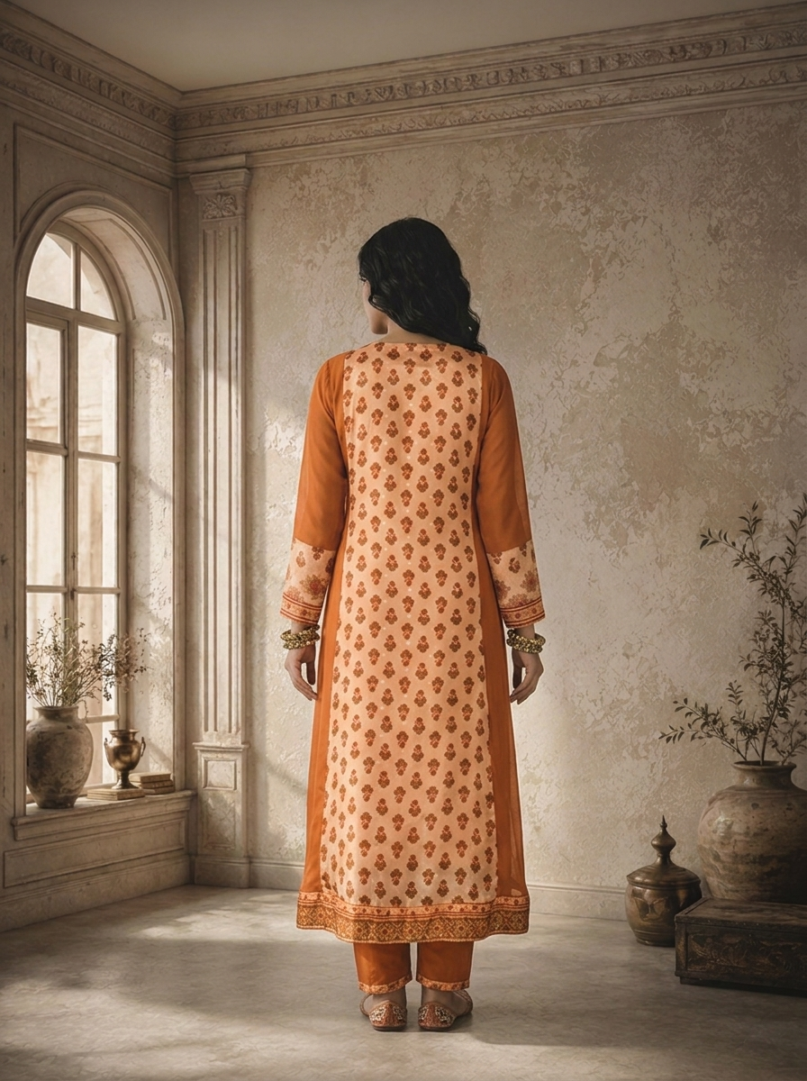 Rust Georgette Patchwork Mughal Printed Three Piece Set