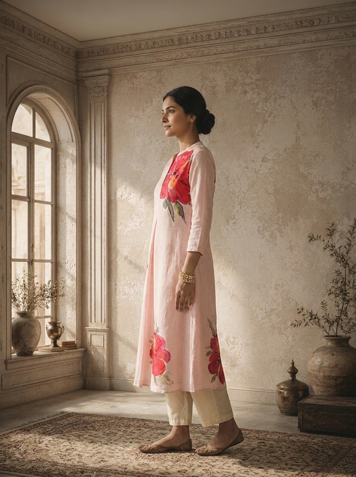 Baby Pink Silk Large Placement Floral Printed Kurta