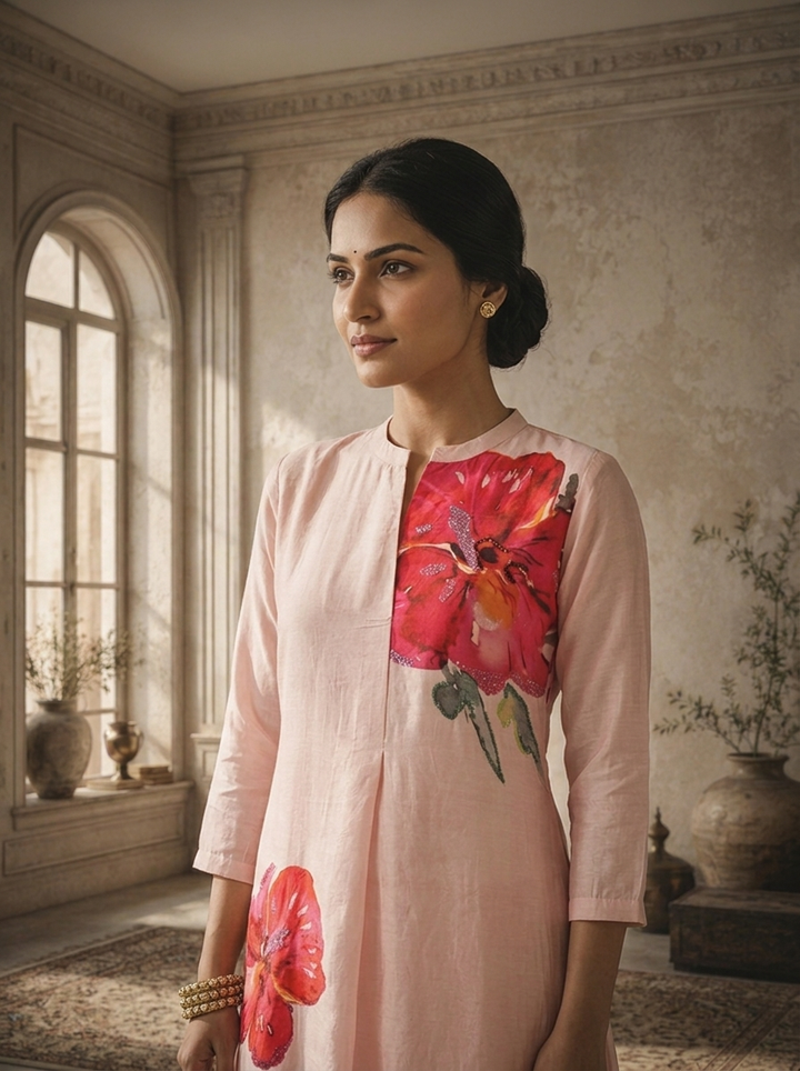 Baby Pink Silk Large Placement Floral Printed Kurta