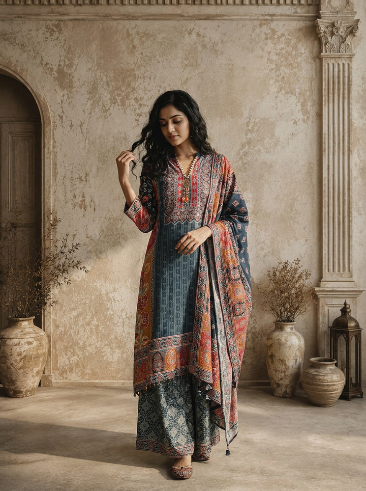 Navy Blue Crepe Patchwork Ajrakh Printed Three Piece Set