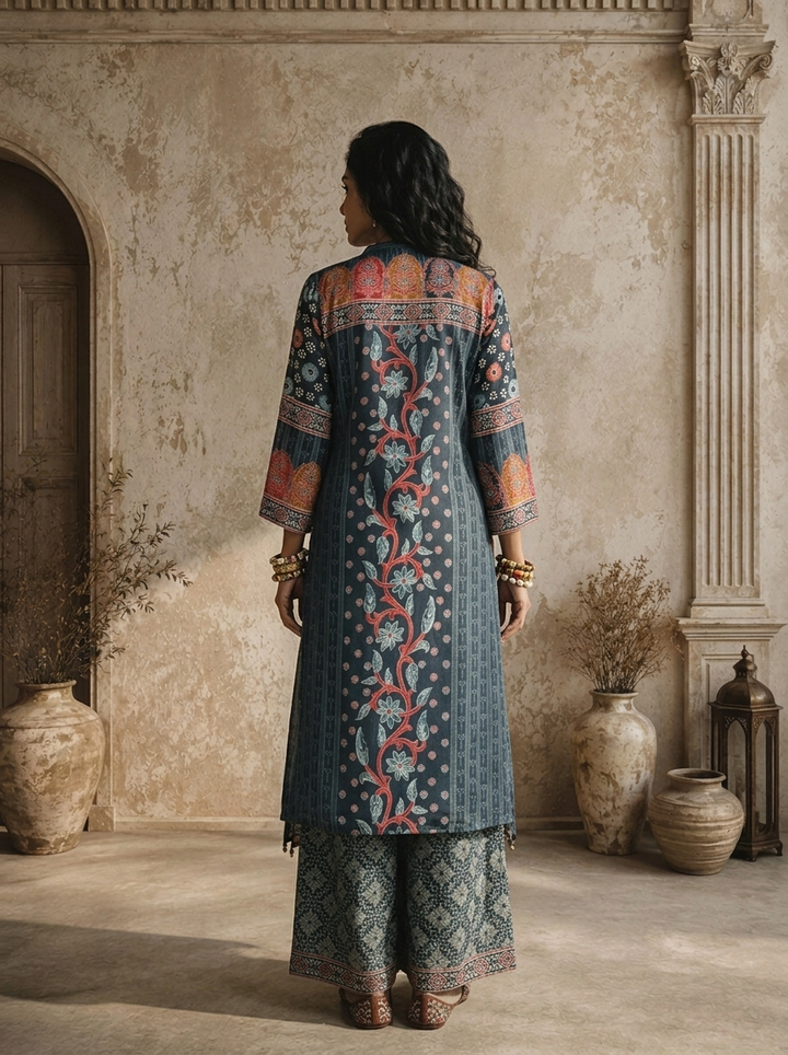 Navy Blue Crepe Patchwork Ajrakh Printed Three Piece Set