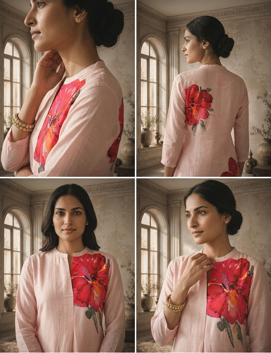 Baby Pink Silk Large Placement Floral Printed Kurta